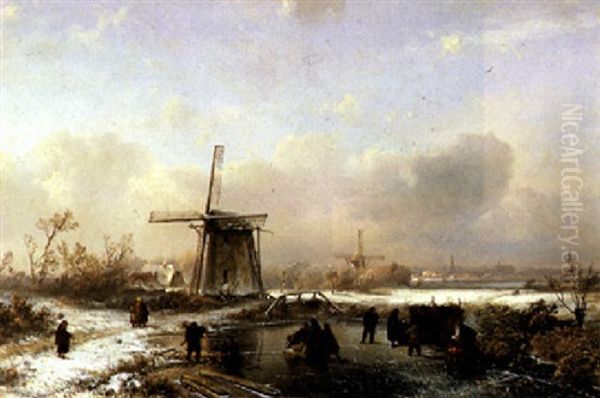 A Winter Scene Oil Painting by Pieter Lodewijk Francisco Kluyver