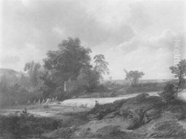 A Wooded Sloping Landscape With Peasants Harvesting Oil Painting by Pieter Lodewijk Francisco Kluyver