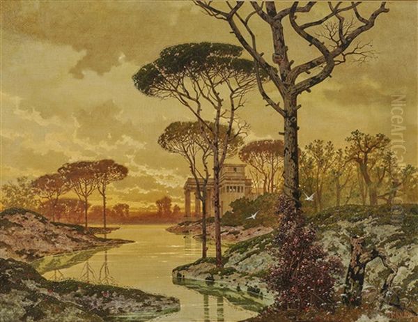 Evening Shore Landscape With An Antique Style Villa Oil Painting by Ferdinand Knab