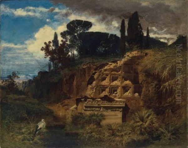 Paysage Aux Ruines Et A La Cigogne by Ferdinand Knab