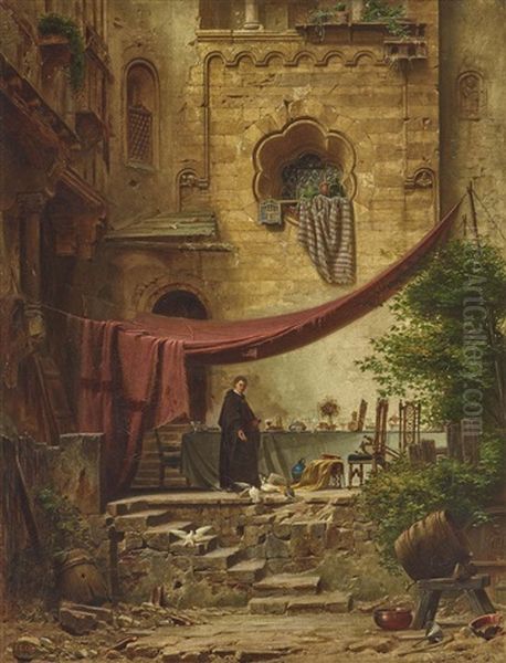 A Monk In A Cloister Backyard Oil Painting by Ferdinand Knab