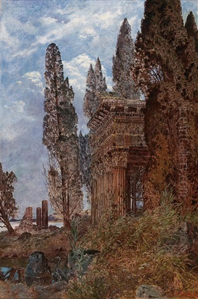 Antique Ruins With A Heron Near A Temple Oil Painting by Ferdinand Knab