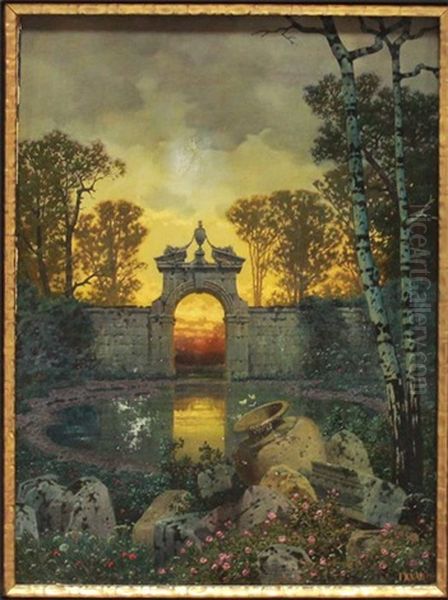 Abenddammerung In Einem Verwilderten Park Mit See by Ferdinand Knab