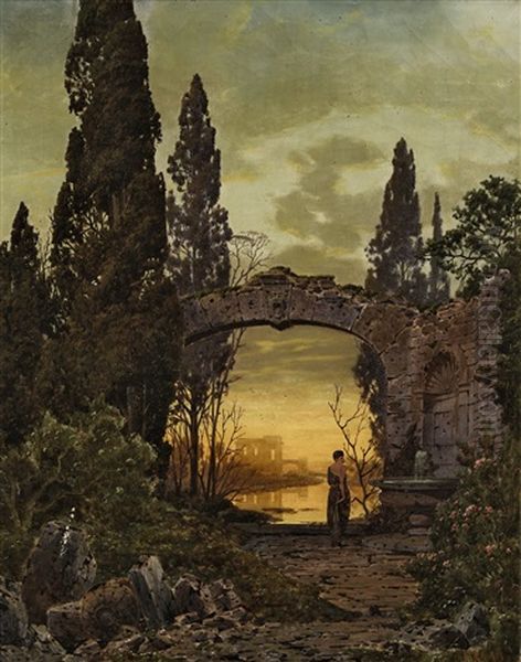 Abendliche Ruinenlandschaft Mit Junger Frau An Einem Brunnen Oil Painting by Ferdinand Knab