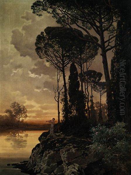 Abendliche Landschaft Mit Flotenspieler Oil Painting by Ferdinand Knab