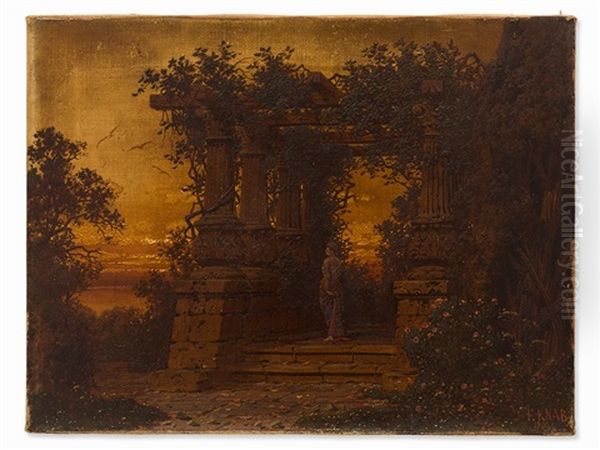 Temple Ruin At Sunset Oil Painting by Ferdinand Knab