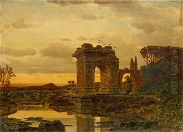 Ruinenlandschaft In Abenddammerung Mit Figuren Oil Painting by Ferdinand Knab