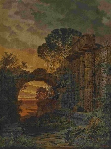 Ruinen Eines Antiken Tempels Im Abendlicht Oil Painting by Ferdinand Knab