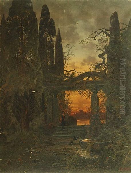 Italienische Architekturkulisse Mit Zypressen Und Einer Weiblichen Figur Unter Torbogen Einer Ruine Stehend Oil Painting by Ferdinand Knab