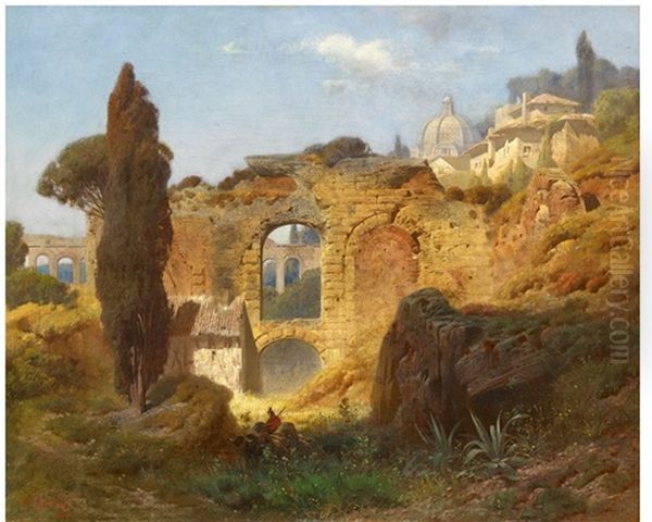 The Ruins Of Taormina Oil Painting by Ferdinand Knab