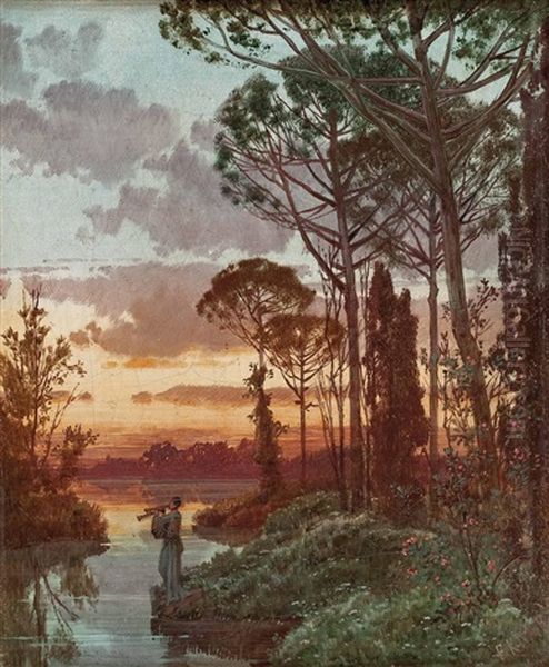 Abendstimmung Mit Flotenspieler (+ Abendstimmung Mit Steinbrucke; 2 Works) Oil Painting by Ferdinand Knab