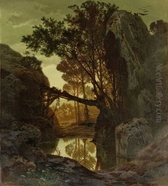 Waldlandschaft Mit Felsmassiv Und See Oil Painting by Ferdinand Knab