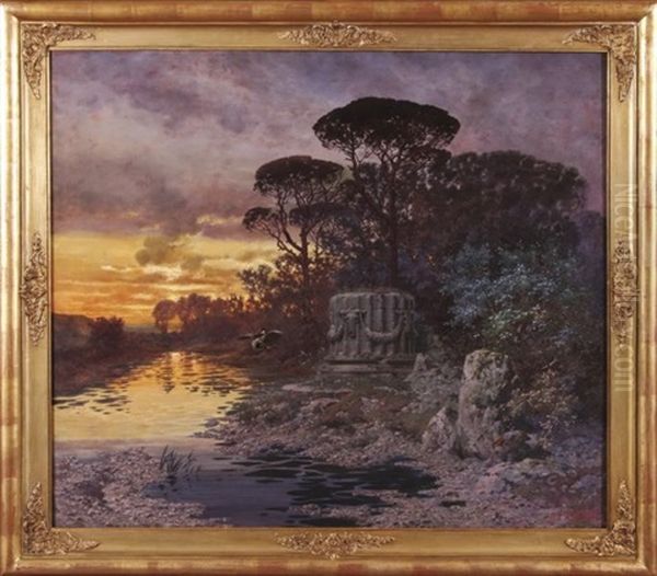 Pejzaz Romantyczny Z Zurawiem Oil Painting by Ferdinand Knab