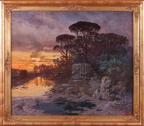 Pejzaz Romantyczny Z Zurawiem Oil Painting by Ferdinand Knab