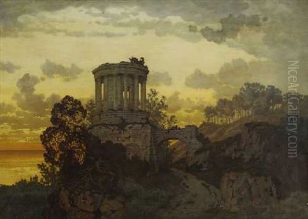 Abendstimmung An Felsiger Meereskuste Mit Romischer Ruine Oil Painting by Ferdinand Knab