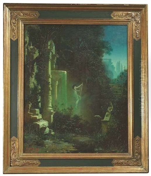 Nachtliche Parklandschaft Mit Einem Nymphaeum, Dem Eine Nymphe Mit Einer Lyra Entschwebt Oil Painting by Ferdinand Knab