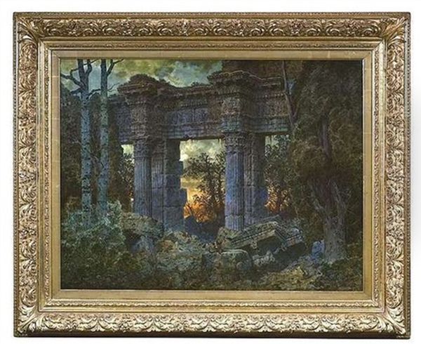 Sonnenuntergang Hinter Einer Tempelruine, Die Mit Uppiger Vegetation Bewachsen Ist Oil Painting by Ferdinand Knab