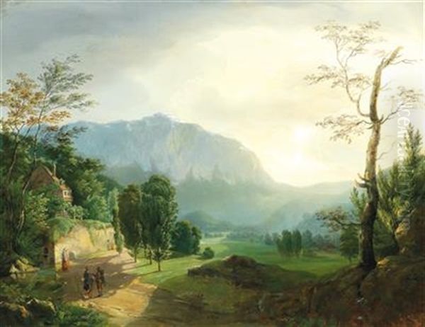 Romantic Landscape With Walkers Oil Painting by Anton Knapp