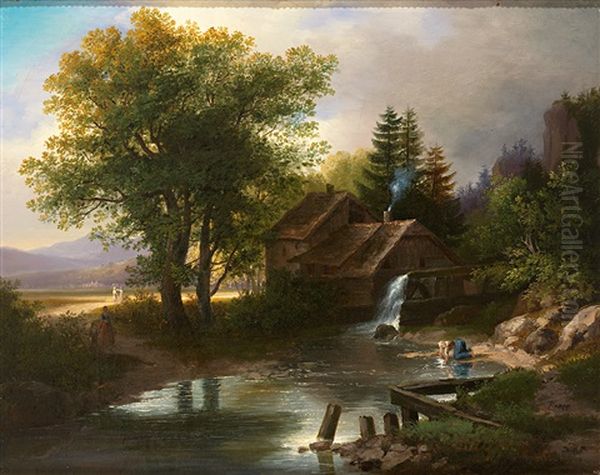 Alte Muhle Mit Wascherin Am Ufer (+ Erhohte Quelle Mit Weitem Blick In Das Land; Pair) Oil Painting by Anton Knapp