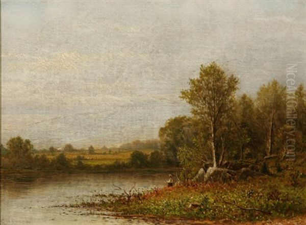 Fisherman By A River, Spring Oil Painting by Charles Wilson Knapp