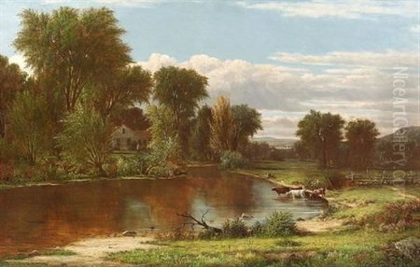 The River's Edge, Cattle Watering Oil Painting by Charles Wilson Knapp