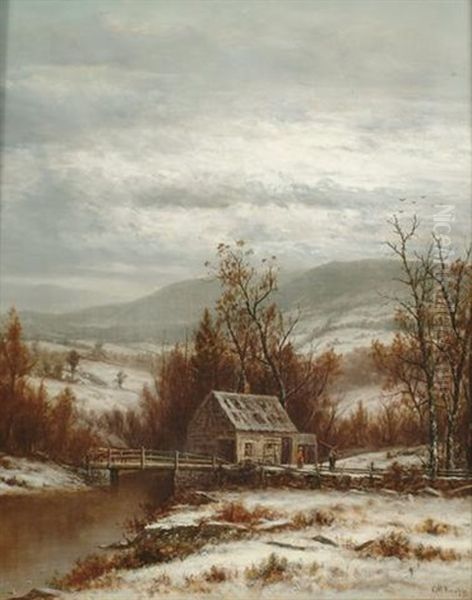 Figures By A House In A Winter Landscape Oil Painting by Charles Wilson Knapp