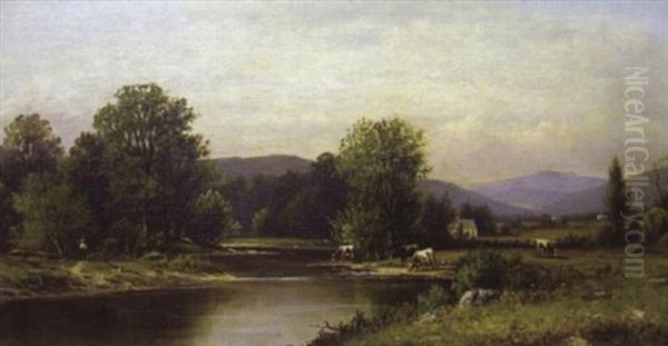 Pastoral Landscape With Cows And Boy With Fishing Pole Oil Painting by Charles Wilson Knapp