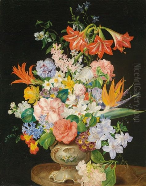 Blumenstuck Mit Kamelie, Azalee, Strelitzie, Amaryllis Und Hyazinthe Oil Painting by Johann Knapp