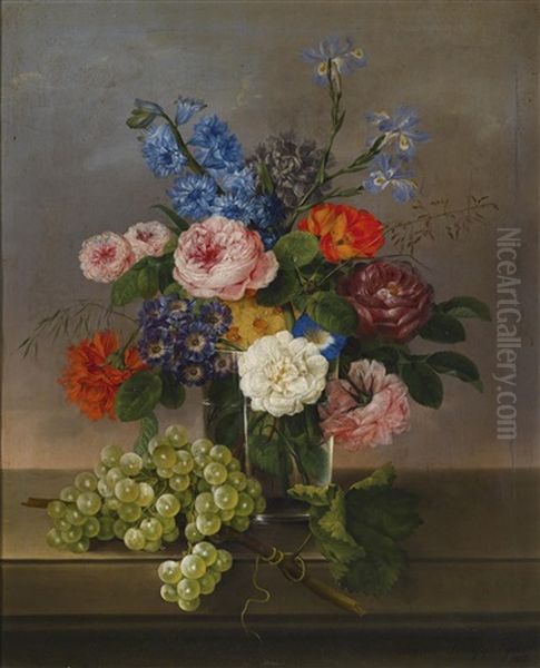 Blumen In Einer Glasvase Und Weintrauben Oil Painting by Johann Knapp