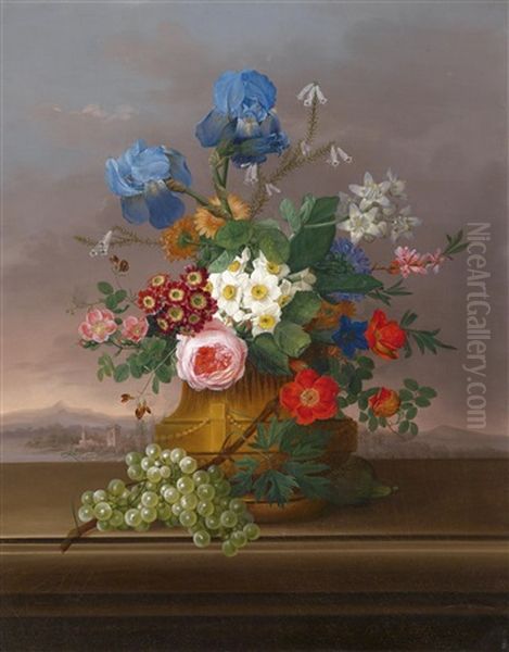 Blumenstuck Mit Weintrauben Vor Landschaftshintergrund Oil Painting by Johann Knapp