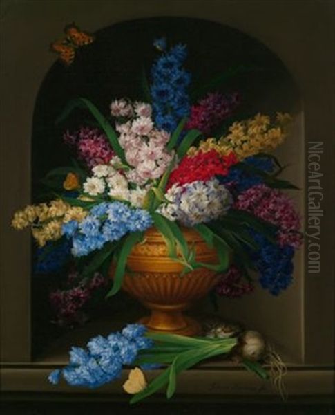 Hyazinthen In Vase Und Schmetterlinge Oil Painting by Johann Knapp