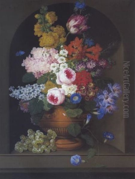 Groses Stilleben Mit Wicke, Rosen, Sommerstern, Hyazinthen, Primeln, Kornblume, Lilie, Akelei, Narzissen.... Oil Painting by Johann Knapp