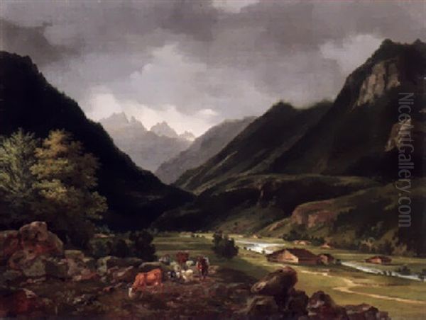 Ziehende Hirten In Einem Tal In Den Osterreichischen Alpen Oil Painting by Johann Knapp