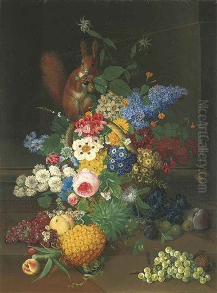 A Red Squirrel On A Basket With Roses, Narcissae And Other Flowers, Blackberries, A Pineapple, Grapes, Gooseberries, Plums, Greengages... Oil Painting by Josef Knapp