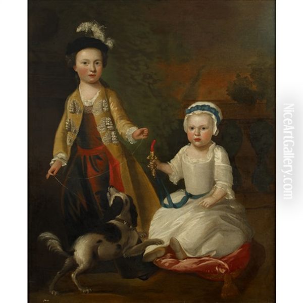 Elegant Children With Their Dog In A Landscape Oil Painting by George Knapton