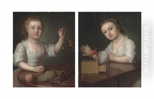 Portrait Of A Child Feeding Grapes To A Bird (+ Portrait Of A Child Playing With A Toy; Pair) Oil Painting by George Knapton