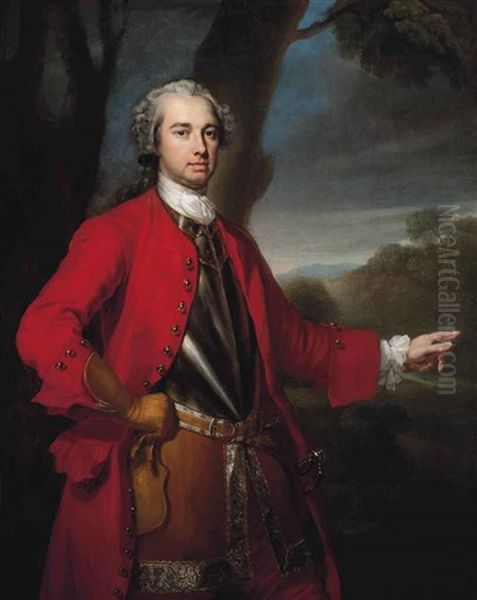 Portrait Of An Officer, Thought To Be Major William Caulfield (c. 1698-1767), Half-length, In A Breastplate And A Red Coat, A Park Landscape Beyond Oil Painting by George Knapton