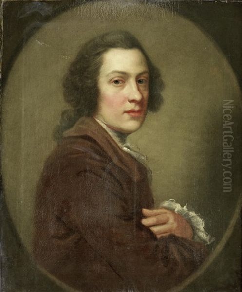 Portrait Of A Gentleman, Half-length, In A Brown Coat And White Cuffs, Within A Painted Oval Oil Painting by George Knapton