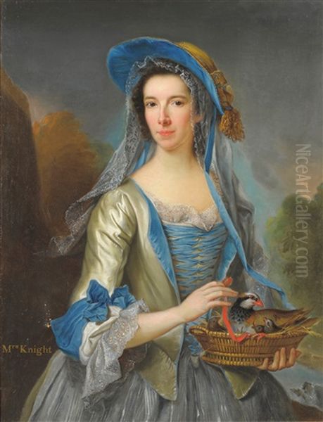 Portrait Of Mrs. Knight, Standing Holding A Basket Containing Birds Oil Painting by George Knapton