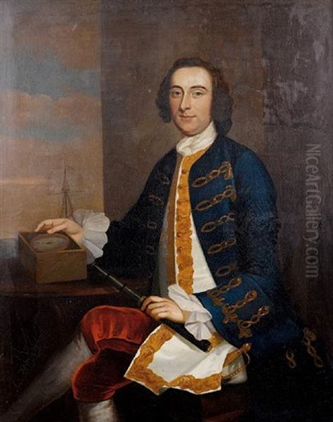 Portrait Of Admiral Sir Hugh Palliser Holding A Telescope And Seated Before An Open Window, A View To Shipping Beyond Oil Painting by George Knapton