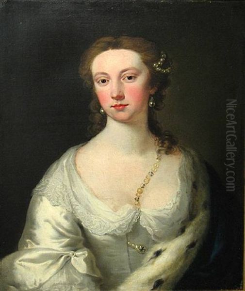 A Portrait Of A Lady, In A White Gown With A Blue Wrap Trimmed In Ermine Oil Painting by George Knapton