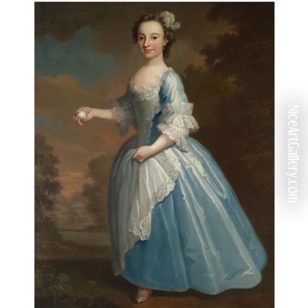 Portrait Of Elizabeth Hatch, Full Length, Wearing A Blue Dress And Holding A Peach In Her Right Hand Oil Painting by George Knapton