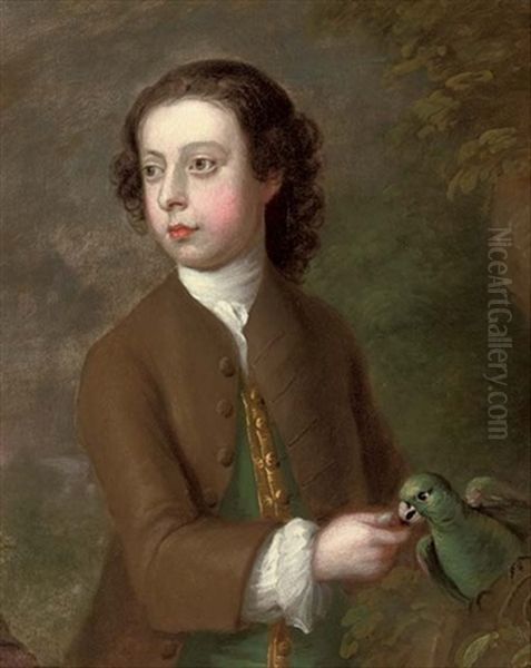 Portrait Of A Boy In A Brown Coat And Green Waistcoat With Gold Trim, Feeding A Parrot, In A Landscape Oil Painting by George Knapton