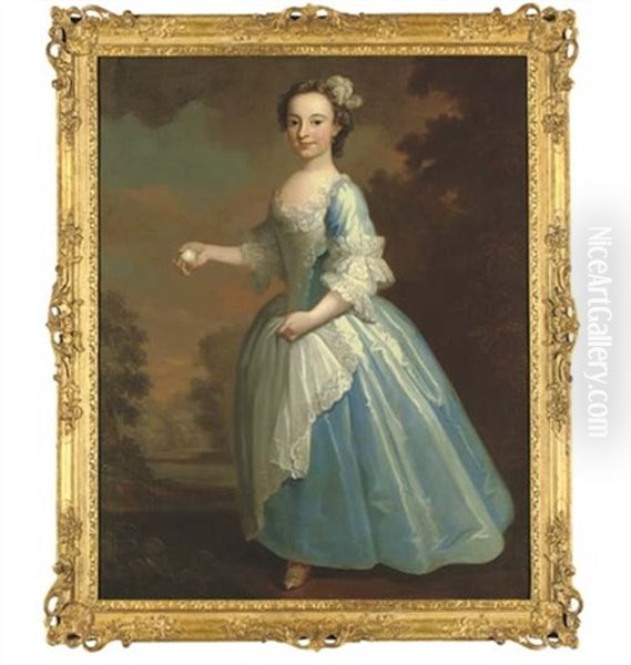 Portrait Of Miss Elizabeth Hatch, Full Length, In A Blue Dress With A White Apron, Holding A Peach In Her Right Hand, In A Wooded Landscape Oil Painting by George Knapton