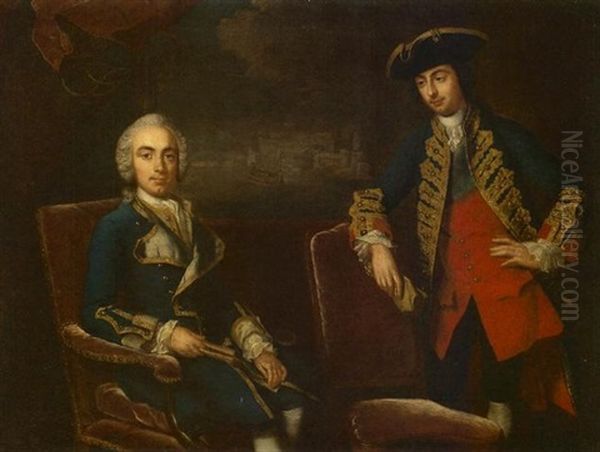 Double Portrait Of Naval Officers, Traditionally Identified As Captain Cook And His Brother, With Marine Painting Oil Painting by George Knapton