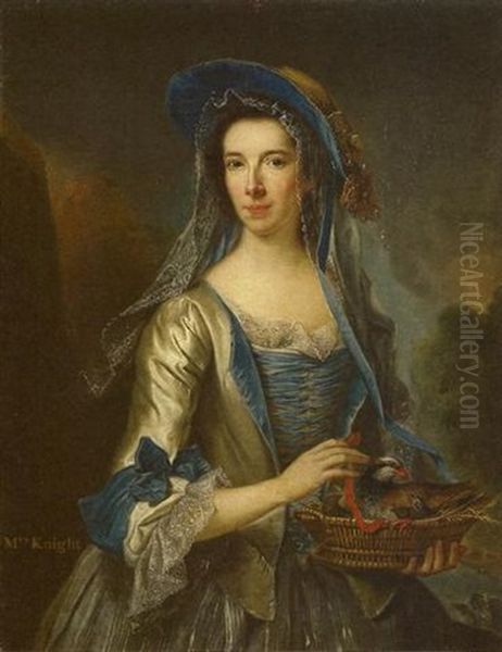 Portrait Of Mrs. Knight, In An Oyster Satin Gown With Blue Ribbons And A Bonnet, Holding A Partridge And Chicks Oil Painting by George Knapton