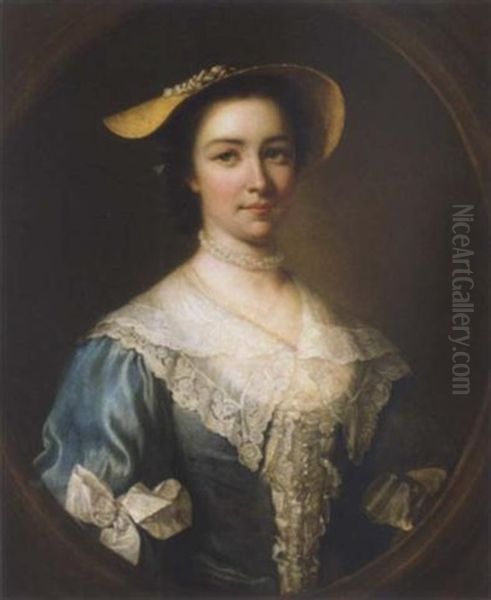 Portrait Of A Lady Wearing A Blue Dress, A Straw Bonnet And A White Lace Shawl Oil Painting by George Knapton