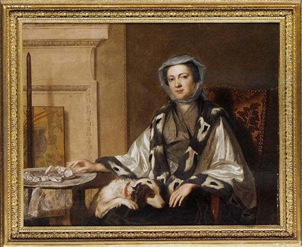 Portrait Of Mrs. Neate, Of Donnington, Hampshire, In An Embroidered Silver Shawl Trimmed With Fur, Seated By A Table With A Spaniel On Her Lap, In An Interior, Beside A Polescreen Oil Painting by George Knapton