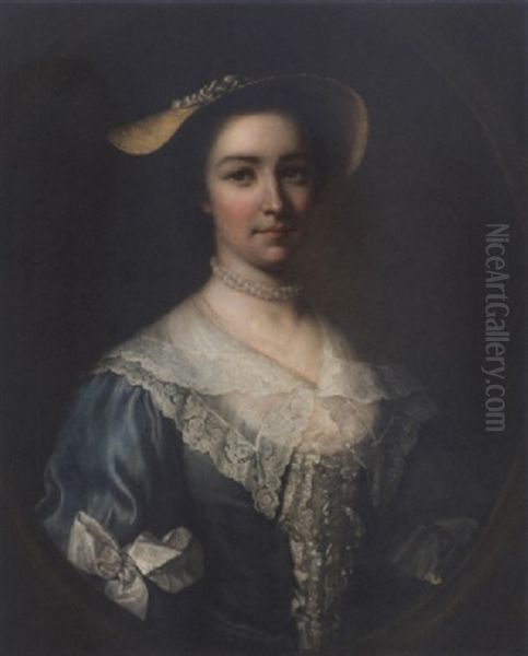 Portrait Of A Lady In A Blue Dress Wearing Pearls And A Straw Hat Oil Painting by George Knapton