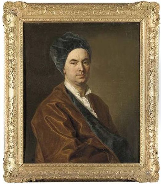 Portrait Of A Gentleman In A Brown-lined Gown And Blue Velvet Cap Oil Painting by George Knapton